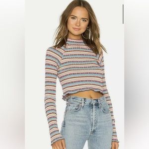Free People Mirror Stripe Tee Stretcy Cotton Ribbed Top Mock Neck